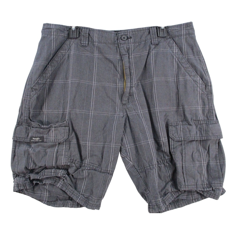 Wrangler Men Grey Plaid Cargo Shorts Size 36 Relaxed Fit Outdoor Utility Pockets